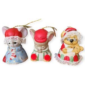 Lot 3 Vintage Jasco Bisque Porcelain Taiwan Caring Critter Chimer Bell Ornaments